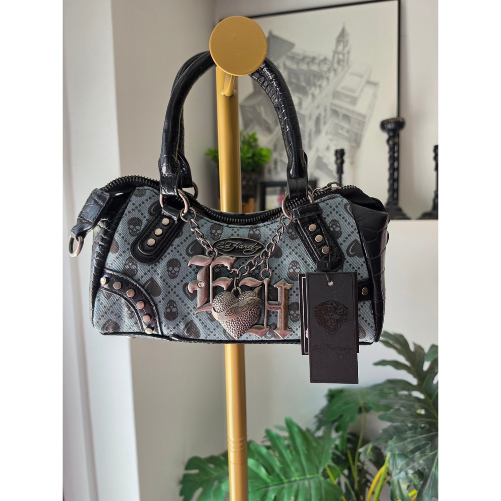 Ed Hardy Blue Denim Skull Heart Monogram Satchel Bag NWT